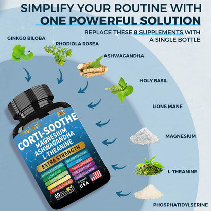Corti-Soothe Cortisol Supplement for Women and Men with Magnesium Glycinate 200mg, L-Theanine 150mg, Phosphatidylserine 50mg & Manager Holy Basil Ginkgo Biloba Bacopa Monnieri Valerian 60 Capsules - Maple Wellness Supplements