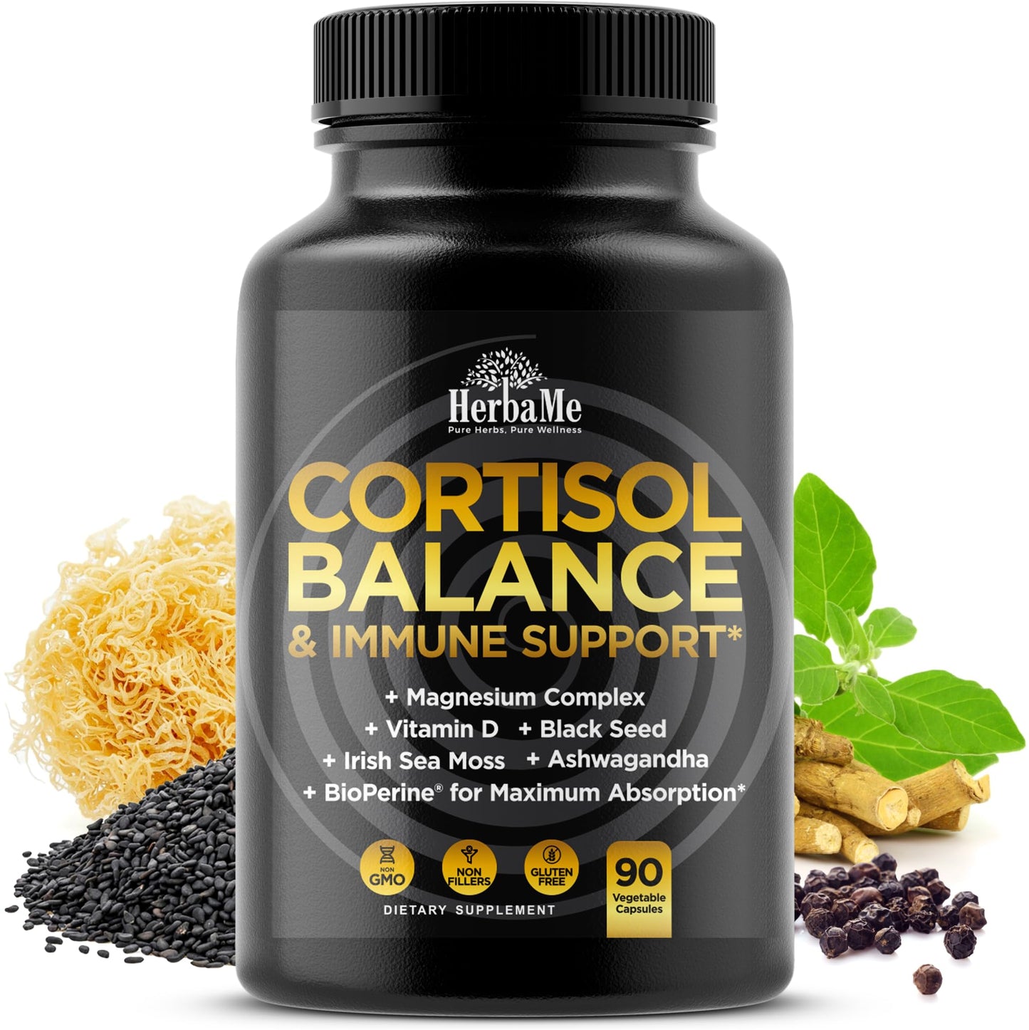 Cortisol Balance and Immune Support Supplement with Ashwagandha, Irish Sea Moss, Black Seed, Vitamin D and Magnesium Complex | Mood Enhancer | Immunity Booster | Stress Relief Pills | 90 Capsules - Maple Wellness Supplements