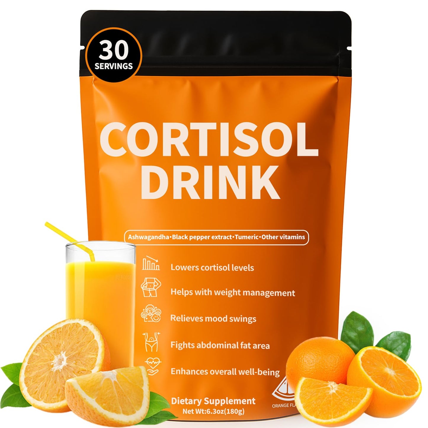 Cortisol Drink Powder - Natural Cortisol Supplements for Ashwagandha, L-Theanine, Turmeric Root, Black Pepper Extract, Relaxation, Focus, Mental Clarity - Maple Wellness Supplements