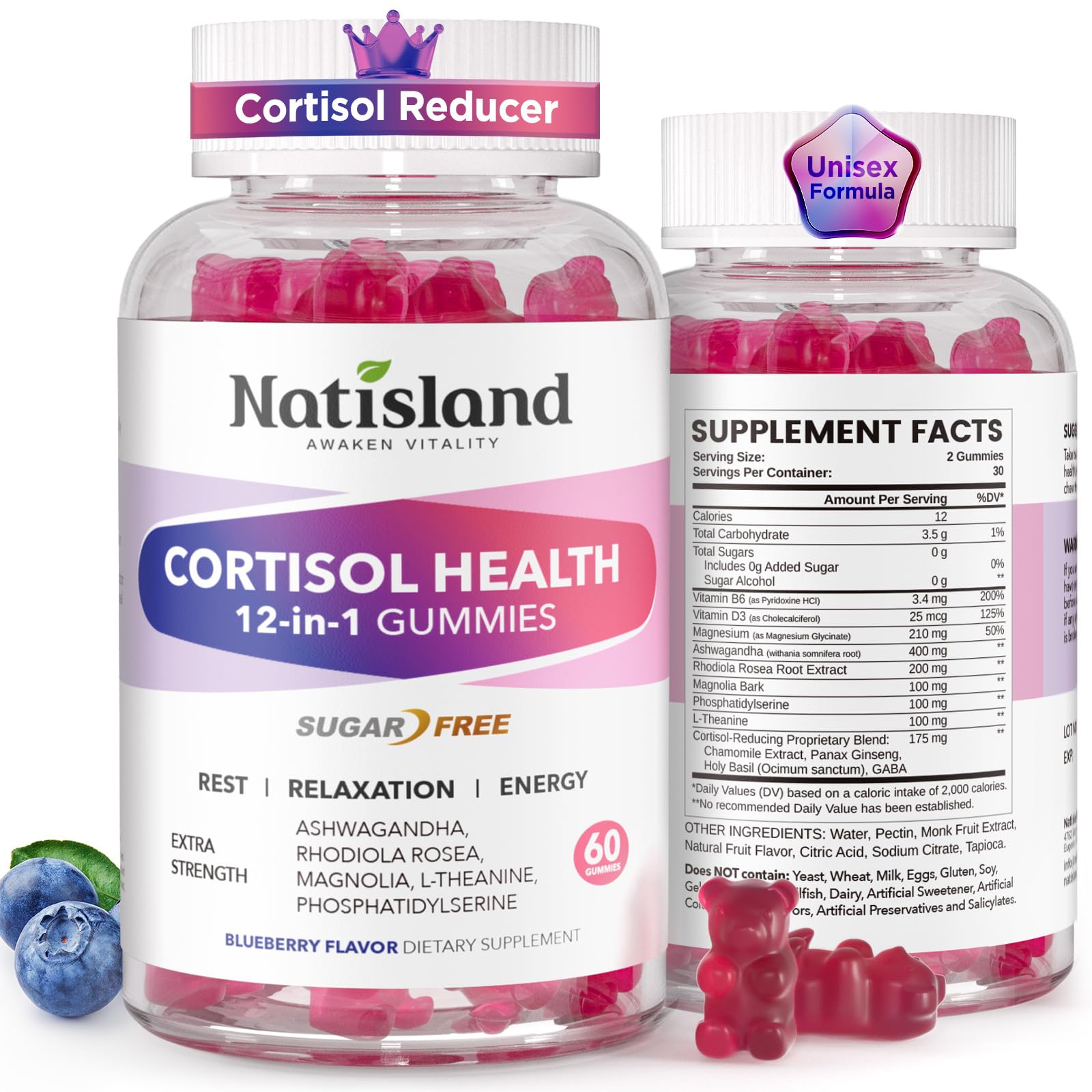 Cortisol Gummies, 12-in-1 Cortisol Reducer, with Magnesium Glycinate, Ashwagandha, L-Theanine, Phosphatidylserine, Vitamin B6 & D3, Rhodiola Rosea, for Men & Women, Sugar-Free, Vegan, NON-GMO, 60CT - Maple Wellness Supplements