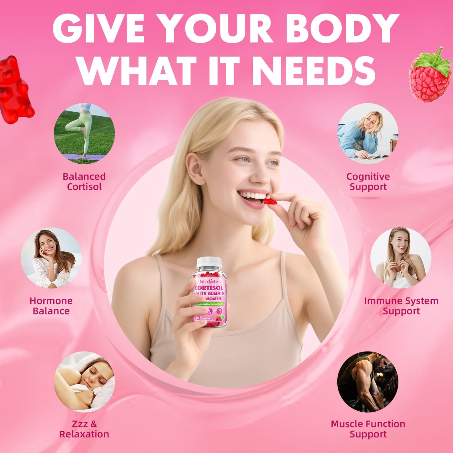 Cortisol Gummies for Women, Cortisol Supplements Gummies with Magnesium Ashwagandha Rhodiola Rosea and L-theanine Complex for Relaxation and Focus, Zzz Support, Raspberry Flavor, 60 Count - Maple Wellness Supplements