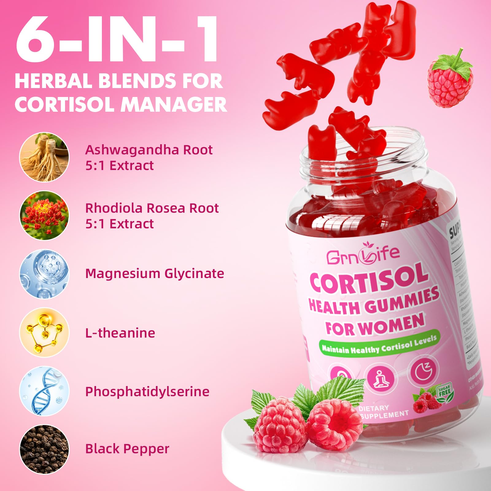 Cortisol Gummies for Women, Cortisol Supplements Gummies with Magnesium Ashwagandha Rhodiola Rosea and L-theanine Complex for Relaxation and Focus, Zzz Support, Raspberry Flavor, 60 Count - Maple Wellness Supplements
