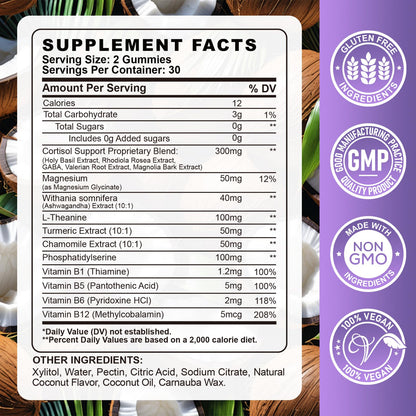 Cortisol Gummies for Women - Cortisol Supplements with Magnesium Glycinate, Ashwagandha, L-Theanine, Vitamin B Complex for Relaxation, Sleep, Calm Mood & Focus - Vegan, Sugar Free Coconut Flavor - Maple Wellness Supplements