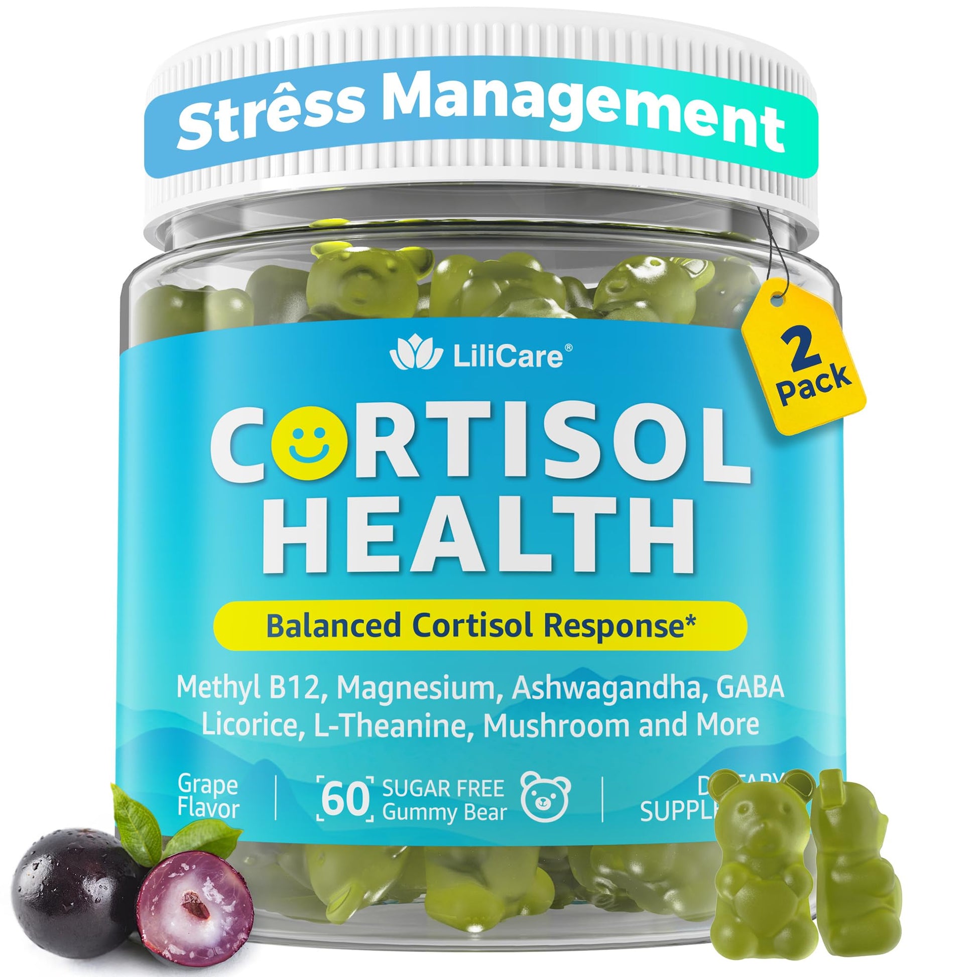 Cortisol Gummies for Women & Men, Sugar Free Cortisol Reducer Supplements w/ Magnesium, Ashwagandha, Mushroom, L-theanine, Rhodiola, Vitamin B6 B12 for Cortisol Detox, Relax, Sleep Support 2 Pack - Maple Wellness Supplements