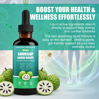 CORTISOL REGULATE Soursop Liquid Drops, 10-in-1 Blend with Sea Moss, Moringa, Turmeric, Black Seed Oil, Oregano, and More, 2 fl oz (1 Pack) - Maple Wellness Supplements