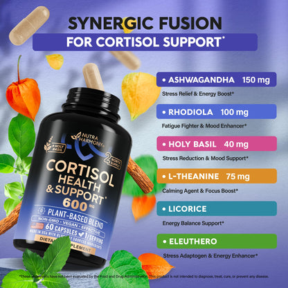 Cortisol Supplement for Women - Holy Basil | Ashwagandha | Rhodiola | L-Theanine - Plant-Based Hormone Balance - Mood, Focus & Sleep Support - Made in USA - Maple Wellness Supplements