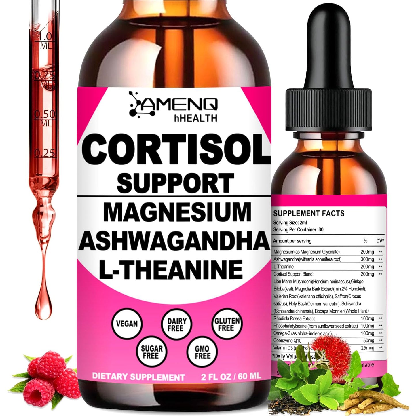 Cortisol Supplement Liquid Drops, 17-in-1 Cortisol Reducer w. Ksm-66 Ashwagandha Theanine Rhodiola Rosea Magnesium Phosphatidylserine, Hormone Balanced & Lower Cortisol for Women Calm* Relaxation - Maple Wellness Supplements