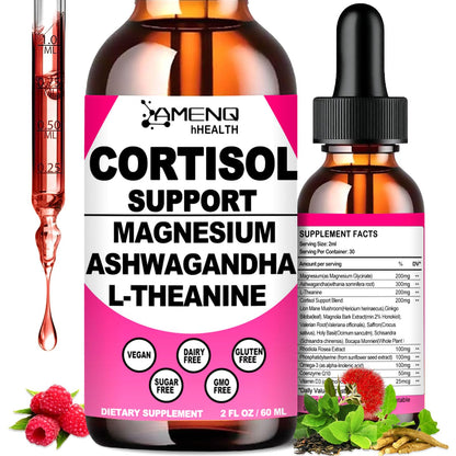 Cortisol Supplement Liquid Drops, 17-in-1 Cortisol Reducer w. Ksm-66 Ashwagandha Theanine Rhodiola Rosea Magnesium Phosphatidylserine, Hormone Balanced & Lower Cortisol for Women Calm* Relaxation - Maple Wellness Supplements