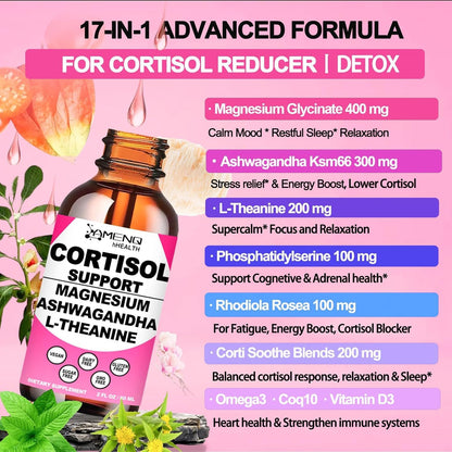 Cortisol Supplement Liquid Drops, 17-in-1 Cortisol Reducer w. Ksm-66 Ashwagandha Theanine Rhodiola Rosea Magnesium Phosphatidylserine, Hormone Balanced & Lower Cortisol for Women Calm* Relaxation - Maple Wellness Supplements