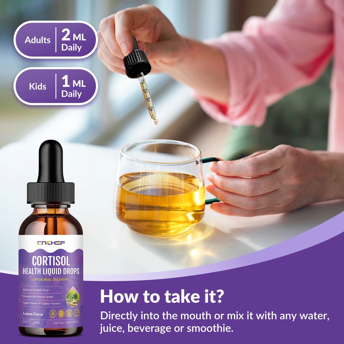 Cortisol Supplement Liquid Drops, Hormone Balance for Women Men Cortisol Detox with Magnesium Glycinate, L-Theanine, Rhodiola Rosea, Ashwagandha, Phosphatidylserine, Mood Focus, Sleep Support, 2 Fl Oz - Maple Wellness Supplements