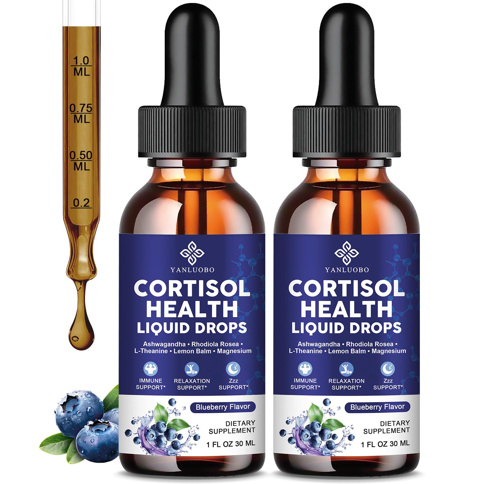 Cortisol Supplements for Women - Cortisol Manager Liquid Drops with Magnesium, Ashwagandha & Rhodiola rosea, L-theanine - Promotes Relaxation & Better Sleep, Mood, Blueberry Flavors, 1FL.OZ(2PC) - Maple Wellness Supplements