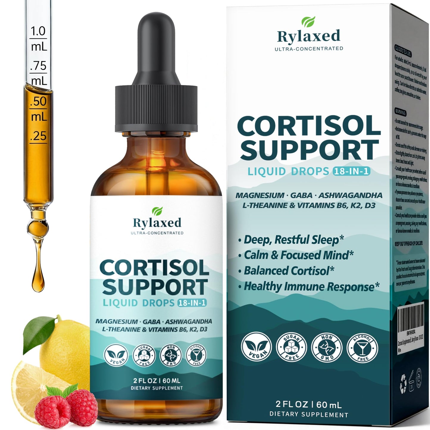 Cortisol Supplements for Women & Men, 18 in 1 Stress & Mood Support Drops with Magnesium 480mg, GABA, Ashwagandha, L-Theanine & Phosphatidylserine, for Relaxation & Sleep, Lemon Raspberry Flavor 60mL - Maple Wellness Supplements