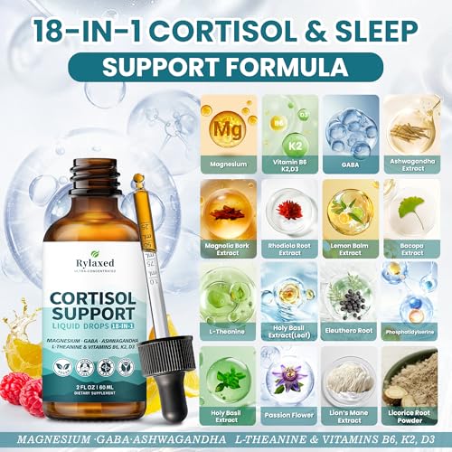 Cortisol Supplements for Women & Men, 18 in 1 Stress & Mood Support Drops with Magnesium 480mg, GABA, Ashwagandha, L-Theanine & Phosphatidylserine, for Relaxation & Sleep, Lemon Raspberry Flavor 60mL - Maple Wellness Supplements