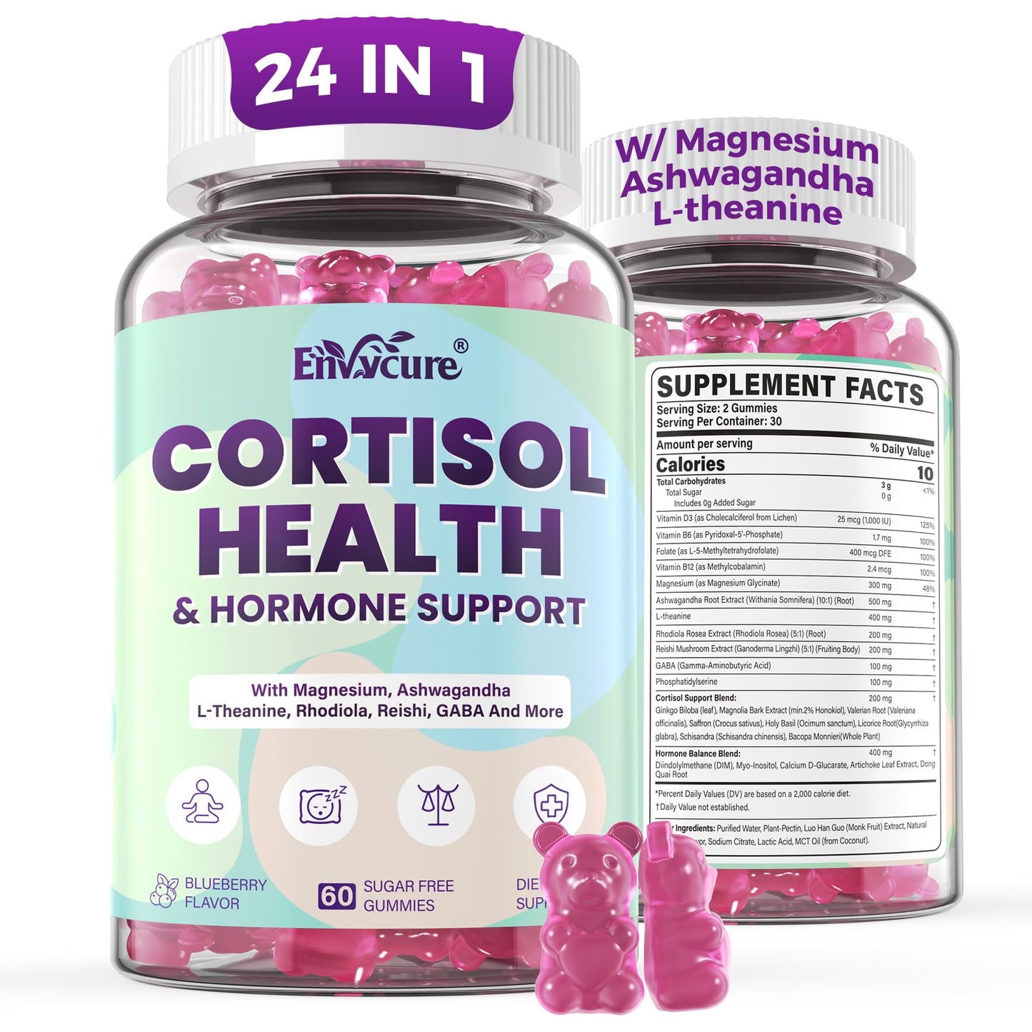 Cortisol Supplements for Women & Men, Cortisol Reducer Gummies w/ Magnesium, Ashwagandha, L-Theanine, Rhodiola, Reishi, 24 IN 1 Cortisol Detox Manager for Calm Mood, Focus & Relaxation,Vegan, 120 Cts - Maple Wellness Supplements