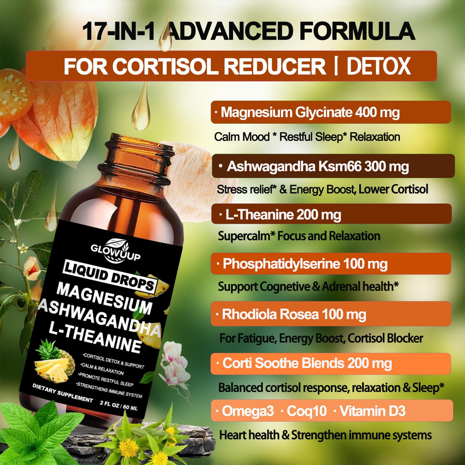 Cortisol Supplements for Women & Men, Cortisol Reducer Manager Detox Liquid Drops Extra Strength Magnesium Glycinate 200mg, L-Theanine & Ashwagandha丨Hormone Balance, Relaxation & Recess Mood - Maple Wellness Supplements