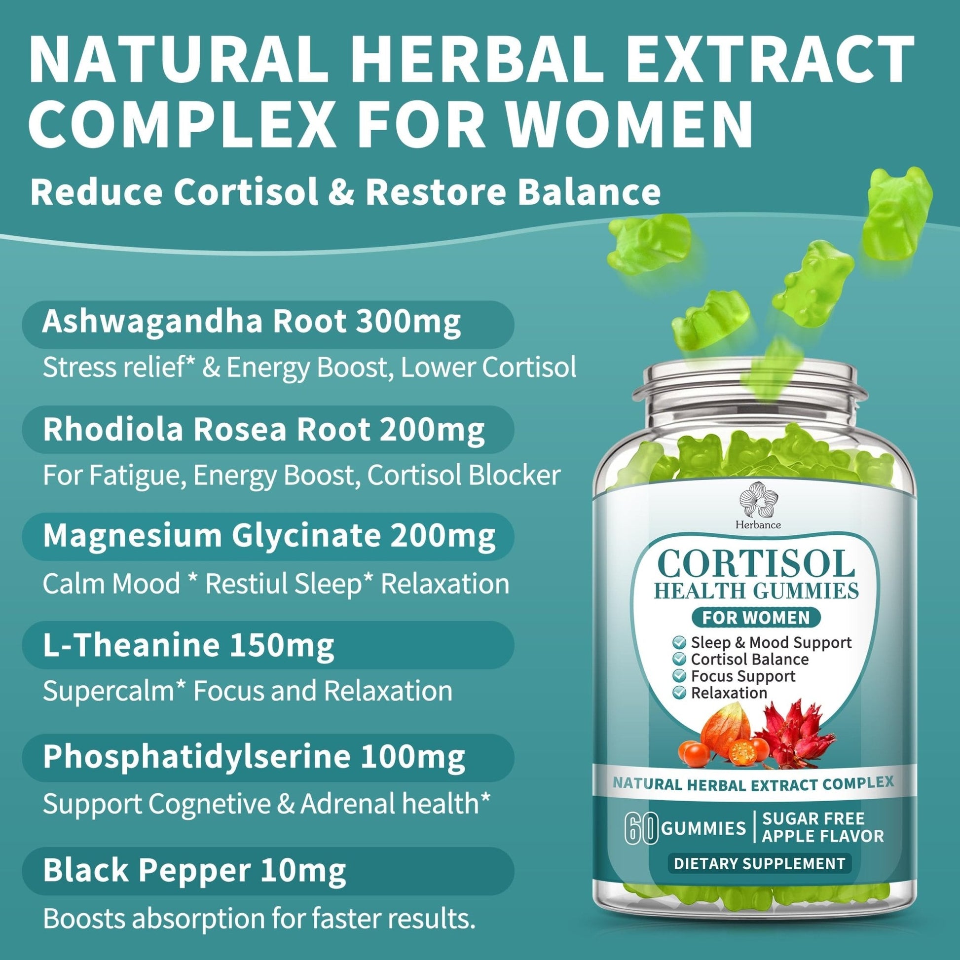 Cortisol Supplements Gummies for Women, Cortisol Reducer w.Ashwagandha Rhodiola Rosea Magnesium L-Theanine Phosphatidylserine Black Peper, Hormone Balanced & Lower Cortisol - 30 Day Vegan Supply - Maple Wellness Supplements