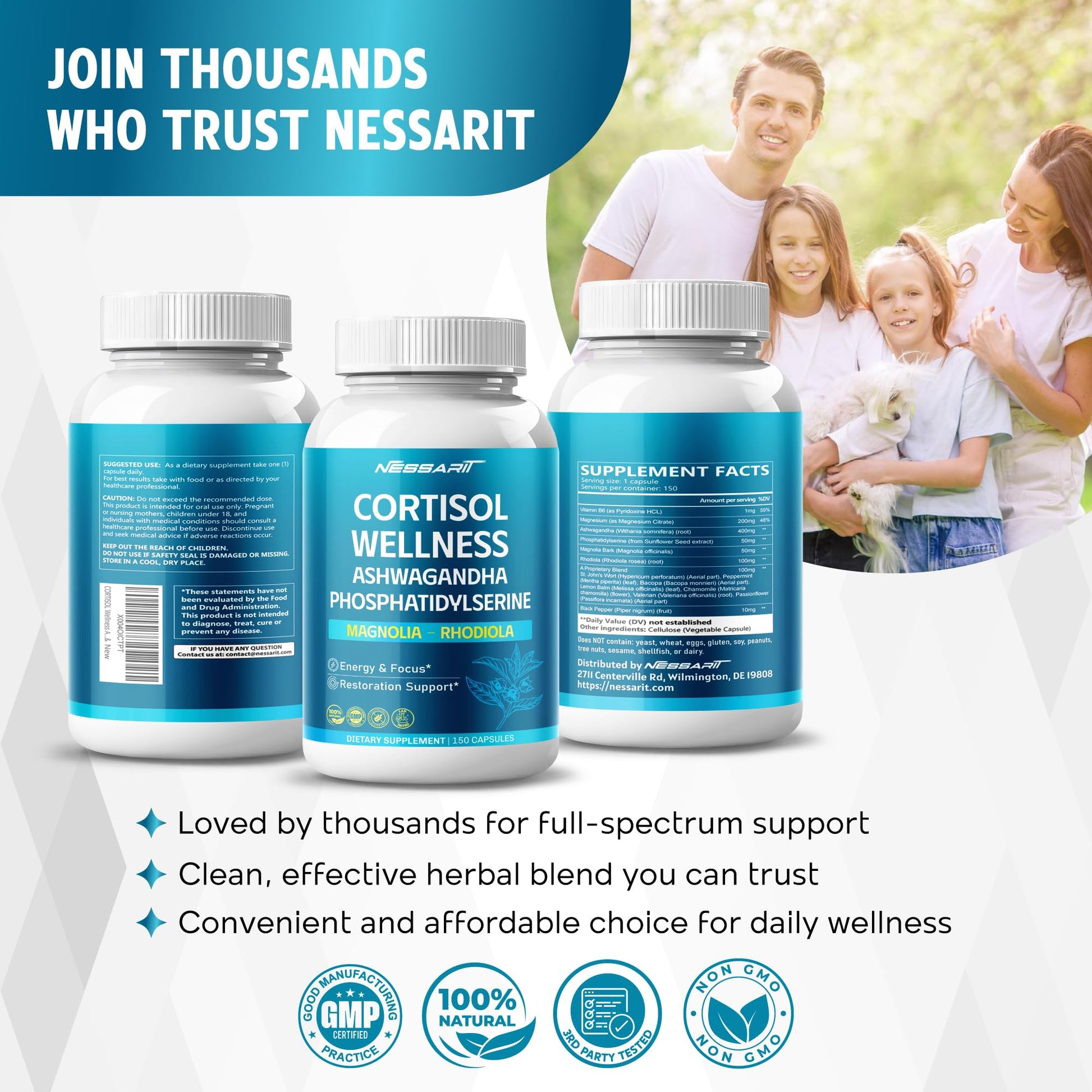 CORTISOL Wellness Ashwagandha 14-in-1 Natural Blend with Phosphatidylserine Magnolia Rhodiola St. John's Wort Peppermint Bacopa - 150 Count - Maple Wellness Supplements
