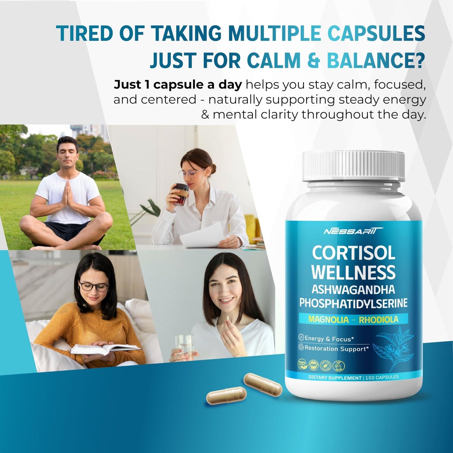 CORTISOL Wellness Ashwagandha 14-in-1 Natural Blend with Phosphatidylserine Magnolia Rhodiola St. John's Wort Peppermint Bacopa - 150 Count - Maple Wellness Supplements