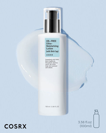 COSRX Oil Free Lotion with Birch Sap, Daily Acne Facial Moisturizer, Hydrating Moisturizer for All Skin Types, Korean Skin Care, 3.38 fl.oz / 100ml - Maple Wellness Supplements