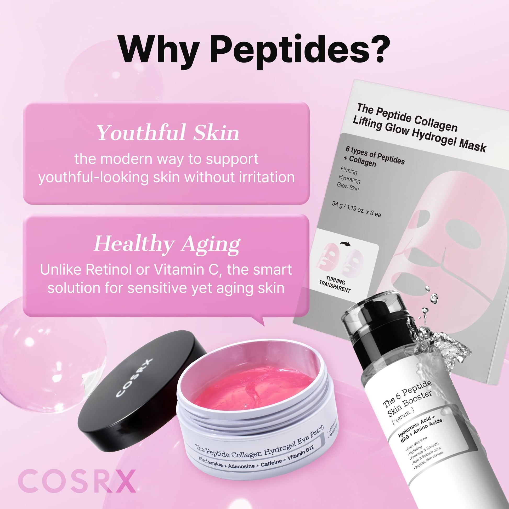 COSRX Pink Peptides Collagen Hydrogel Eye Patch for Puffy Eyes and Dark Circles, Under Eye Mask, 60 Under Eye Patches, Korean Skin Care - Maple Wellness Supplements