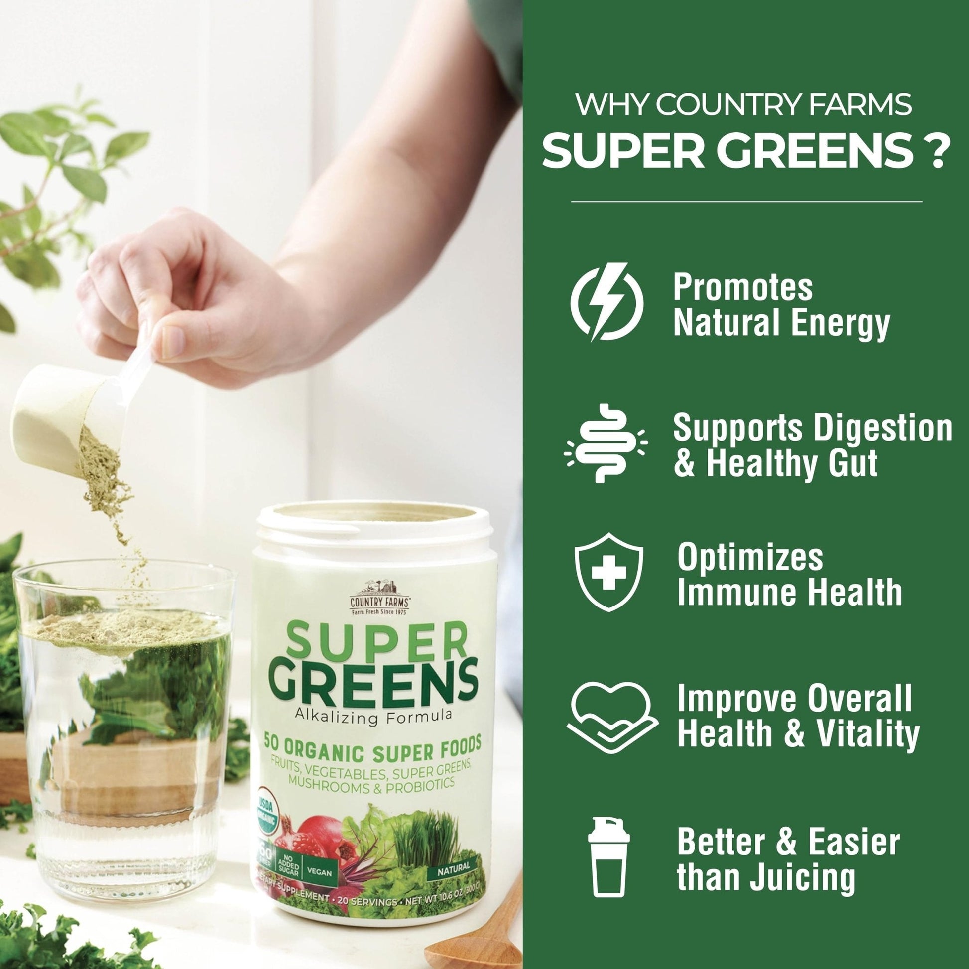 Country Farms Organic Super Greens Natural Flavor, 50 Organic Super Foods, Packed with Fiber, USDA Organic Drink Mix, Fruits, Vegetables, Mushrooms & Probiotics - Maple Wellness Supplements