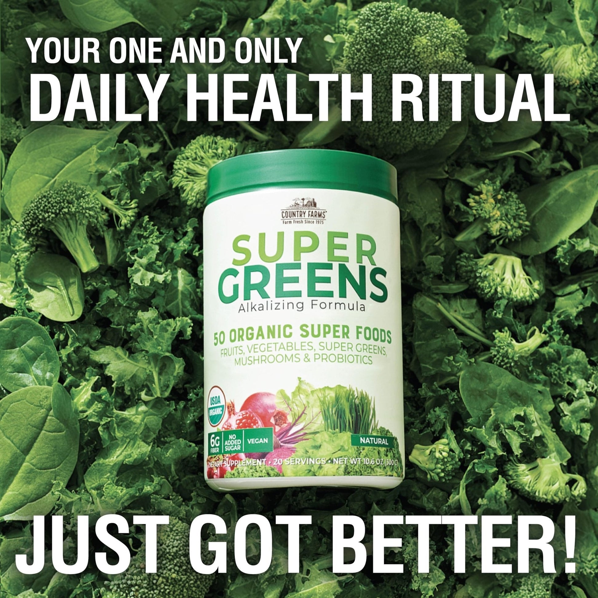 Country Farms Organic Super Greens Natural Flavor, 50 Organic Super Foods, Packed with Fiber, USDA Organic Drink Mix, Fruits, Vegetables, Mushrooms & Probiotics - Maple Wellness Supplements