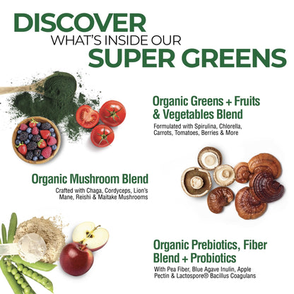 Country Farms Organic Super Greens Natural Flavor, 50 Organic Super Foods, Packed with Fiber, USDA Organic Drink Mix, Fruits, Vegetables, Mushrooms & Probiotics - Maple Wellness Supplements