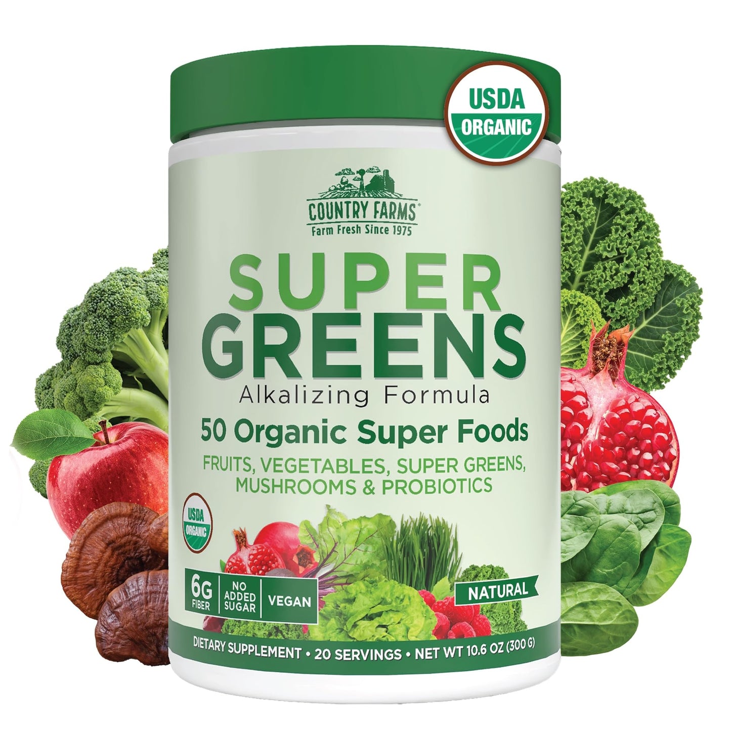 Country Farms Organic Super Greens Natural Flavor, 50 Organic Super Foods, Packed with Fiber, USDA Organic Drink Mix, Fruits, Vegetables, Mushrooms & Probiotics - Maple Wellness Supplements