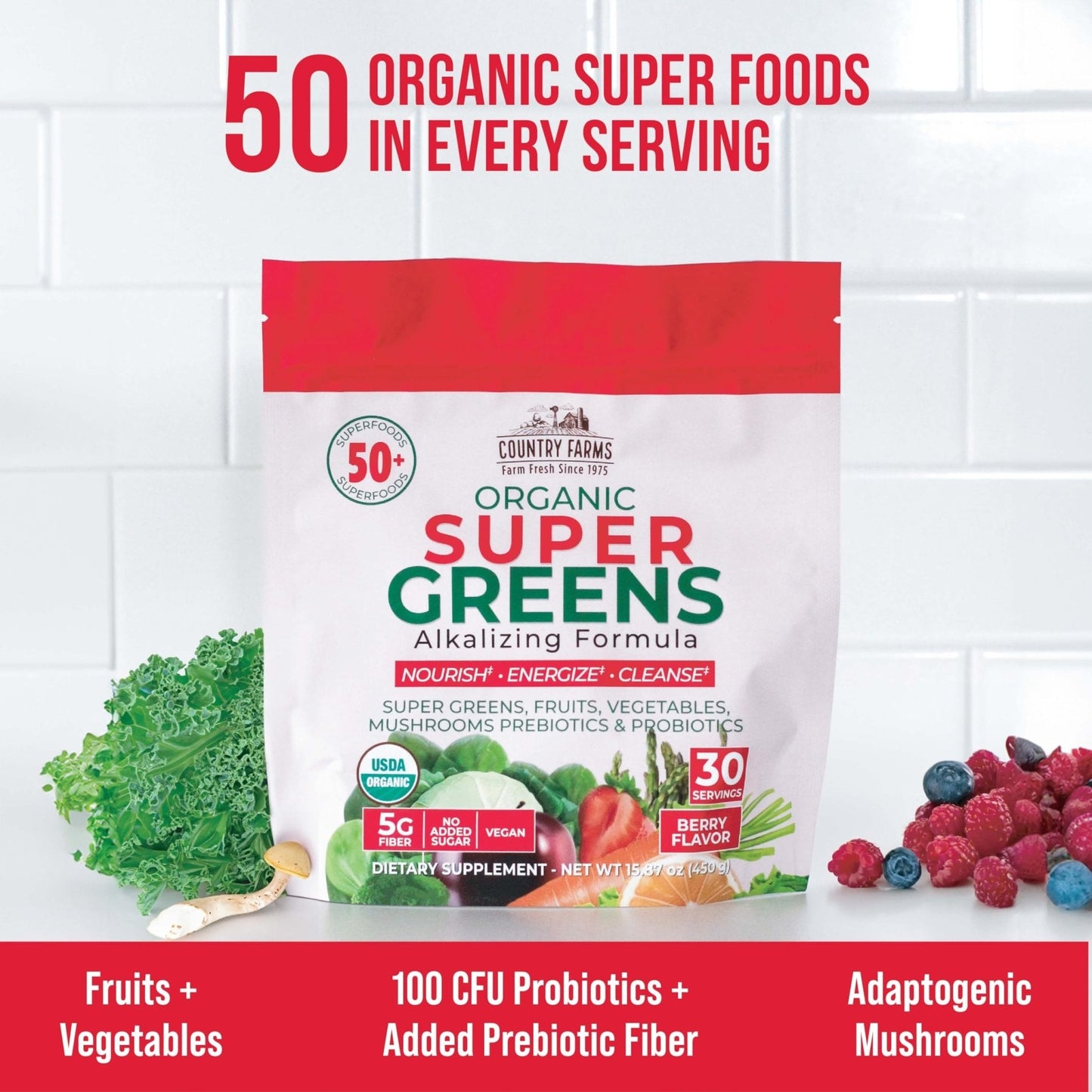 Country Farms Super Greens Berry Flavor, 50 Organic Super Foods, USDA Organic Drink Mix (Wheat Grass, Spirulina, Chlorella) Mushrooms & Probiotics, with Fiber, Gut Health, Natural Energy, 30 Servings - Maple Wellness Supplements