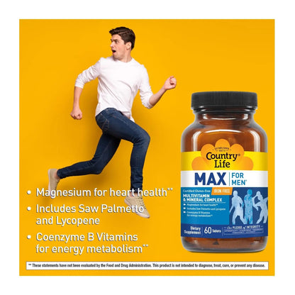 Country Life Max for Men, Multivitamin & Mineral complex, Iron-Free, Vegetarian Tablets, 60 Count, Certified Gluten Free, Certified Vegetarian - Maple Wellness Supplements