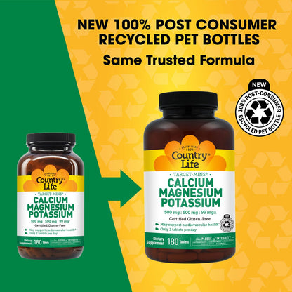 Country Life Target Mins - Calcium Magnesium Potassium Bone & Heart Health Supplement, 1000mg Calcium, 500mg Magnesium, Supports Calcium Utilization - Maple Wellness Supplements