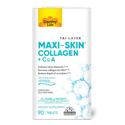 Country Life Verisol Collagen Peptides Tablets - Reduce Depth of W[KB2] rinkles & Enhance Skin Elasticity-90 Tablets-Includes Vitamin A&C - Collagen Powder for Women & Men - Boost Skin Collagen by 60% - Maple Wellness Supplements