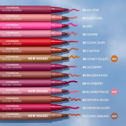 Covergirl Outlast Lipstain, 72 Iconic Darling, Smooth Application, Precise Pen-Like Tip, Transfer-Proof, Satin Stained Finish, Vegan Formula, 0.06oz - Maple Wellness Supplements