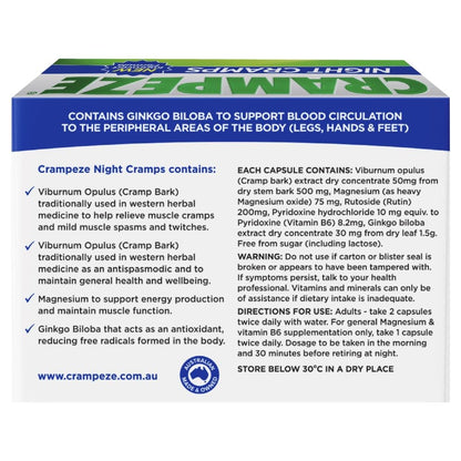 Crampeze Night Cramps Natural Relief of Muscle Cramps, Spasms & Tired Legs 60 Capsules - Maple Wellness Supplements