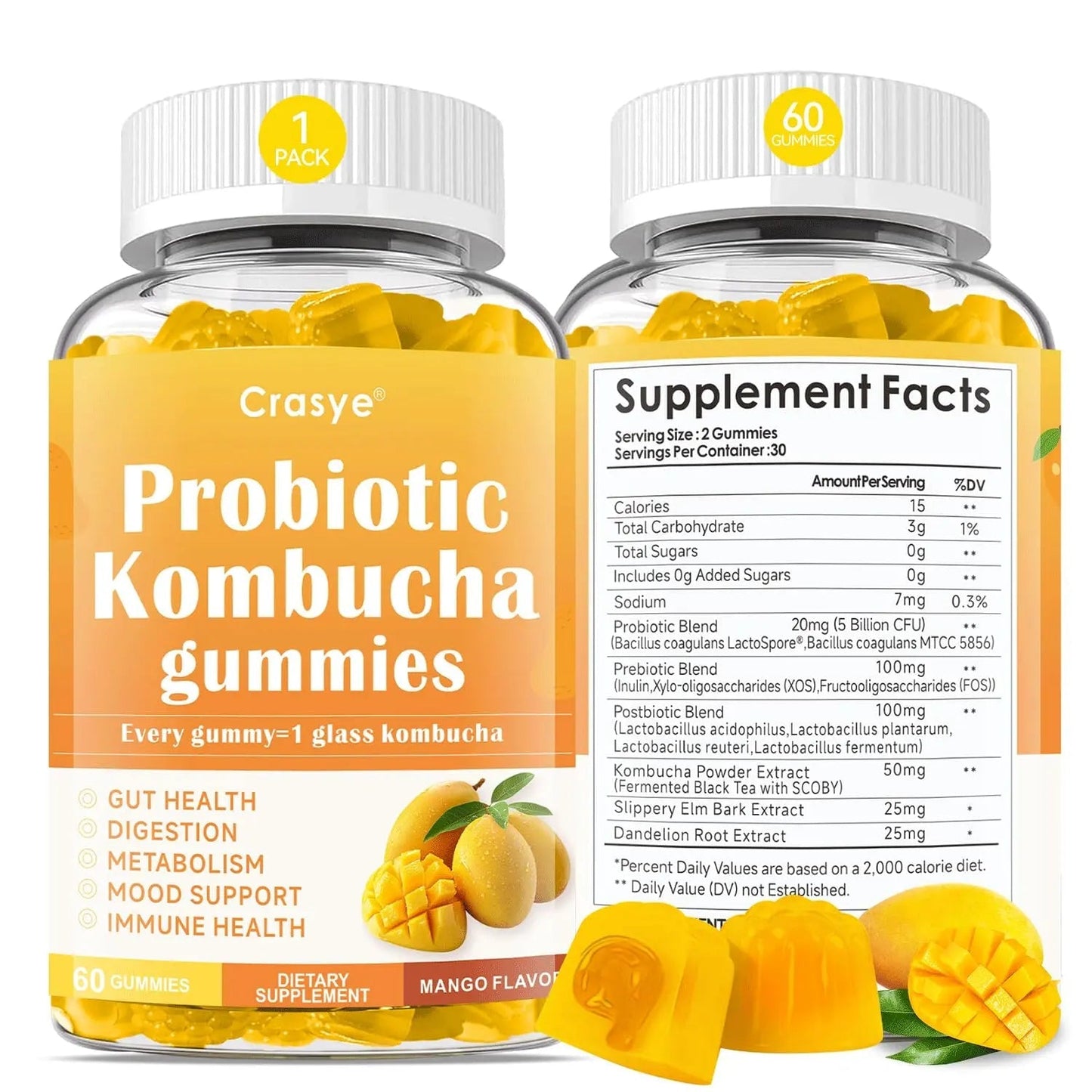 Crasye Probiotic Kombucha Gummies Sugar Free Prebiotic Postbiotic Probiotics Gummies with Slippery Elm for Women and Men Bloating Gut Health Immune and Digestive Support - 60 Gummies - 30 Servings - Maple Wellness Supplements