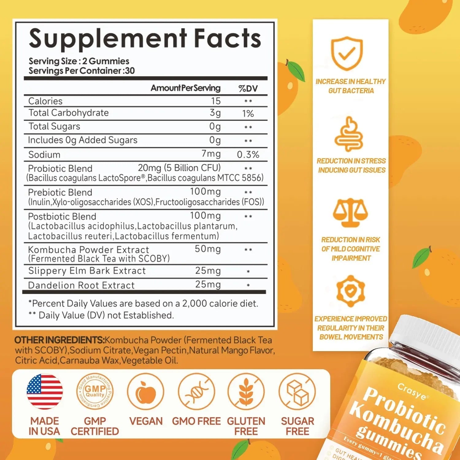Crasye Probiotic Kombucha Gummies Sugar Free Prebiotic Postbiotic Probiotics Gummies with Slippery Elm for Women and Men Bloating Gut Health Immune and Digestive Support - 60 Gummies - 30 Servings - Maple Wellness Supplements