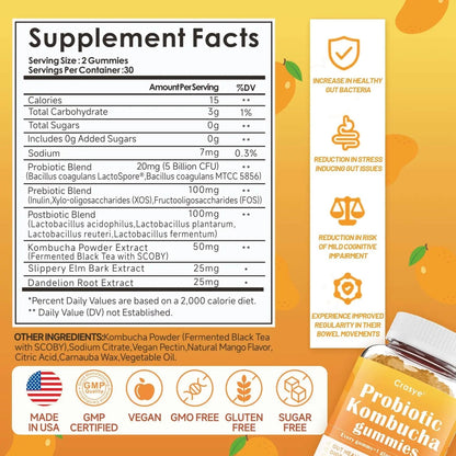 Crasye Probiotic Kombucha Gummies Sugar Free Prebiotic Postbiotic Probiotics Gummies with Slippery Elm for Women and Men Bloating Gut Health Immune and Digestive Support - 60 Gummies - 30 Servings - Maple Wellness Supplements