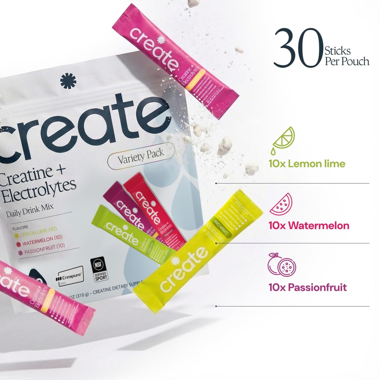 Create Creatine + Electrolytes Mix - Creatine Monohydrate Stick Packs, Supports Energy and Hydration, NSF Certified for Sport, 30 Count, Variety Pack - Maple Wellness Supplements