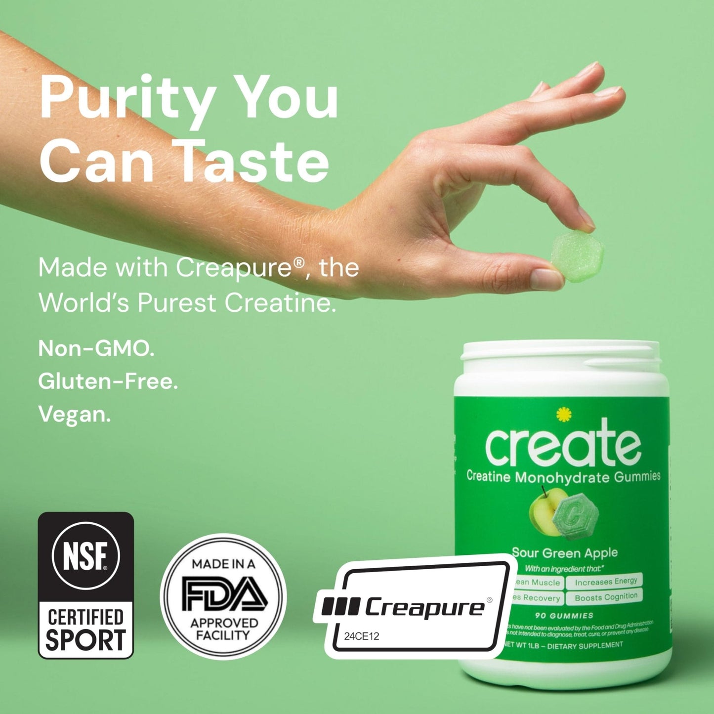 Create Creatine Monohydrate Gummies for Men & Women, Boost Focus, Strength, and Endurance, Anti-Melting Formula, Vegan, Gluten-Free, Non-GMO, 1.5g of Creatine per Gummy (Sour Green Apple) - Maple Wellness Supplements