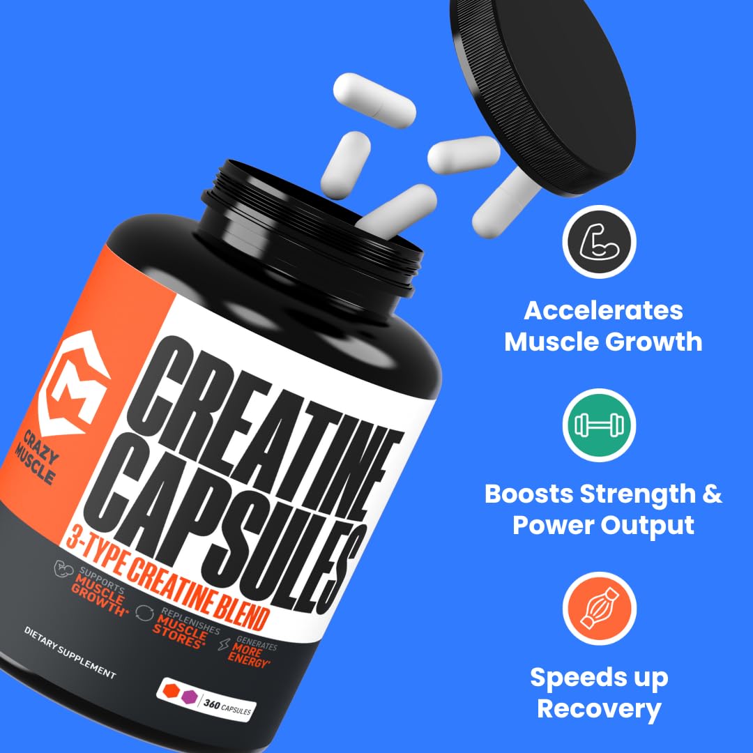 Creatine Capsules, 5g Premium 3X ThreeAtine Pre Workout Bulk Muscle Mass Gainer, High Absorption Easy to Take Creatine Monohydrate Pills Alternative Optimum Performance for Men Women, 180 Capsules - Maple Wellness Supplements