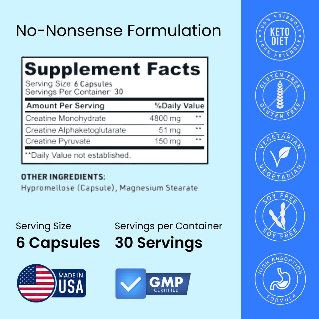 Creatine Capsules, 5g Premium 3X ThreeAtine Pre Workout Bulk Muscle Mass Gainer, High Absorption Easy to Take Creatine Monohydrate Pills Alternative Optimum Performance for Men Women, 180 Capsules - Maple Wellness Supplements