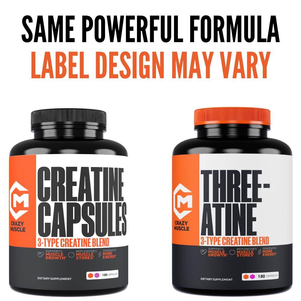Creatine Capsules, 5g Premium 3X ThreeAtine Pre Workout Bulk Muscle Mass Gainer, High Absorption Easy to Take Creatine Monohydrate Pills Alternative Optimum Performance for Men Women, 180 Capsules - Maple Wellness Supplements