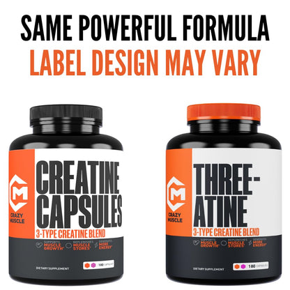 Creatine Capsules, 5g Premium 3X ThreeAtine Pre Workout Bulk Muscle Mass Gainer, High Absorption Easy to Take Creatine Monohydrate Pills Alternative Optimum Performance for Men Women, 180 Capsules - Maple Wellness Supplements