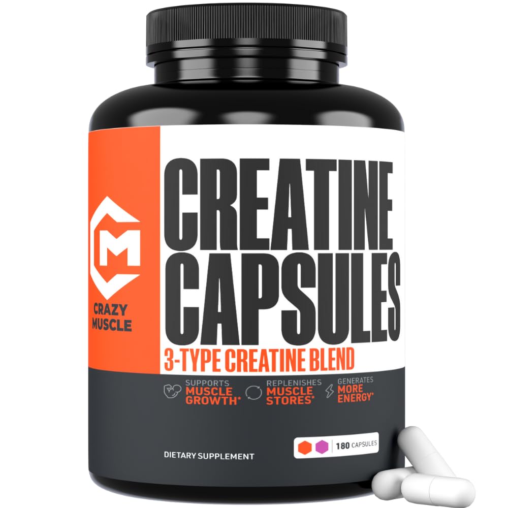 Creatine Capsules, 5g Premium 3X ThreeAtine Pre Workout Bulk Muscle Mass Gainer, High Absorption Easy to Take Creatine Monohydrate Pills Alternative Optimum Performance for Men Women, 180 Capsules - Maple Wellness Supplements