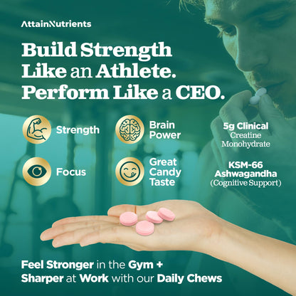 Creatine Chews - 5000mg Creatine Monohydrate Tablets for Men & Women with Ashwagandha KSM-66 - Low Sugar Muscle Support & Cognitive Boost - Gummy Alternative - 120 Count (Strawberry Lemonade) - Maple Wellness Supplements