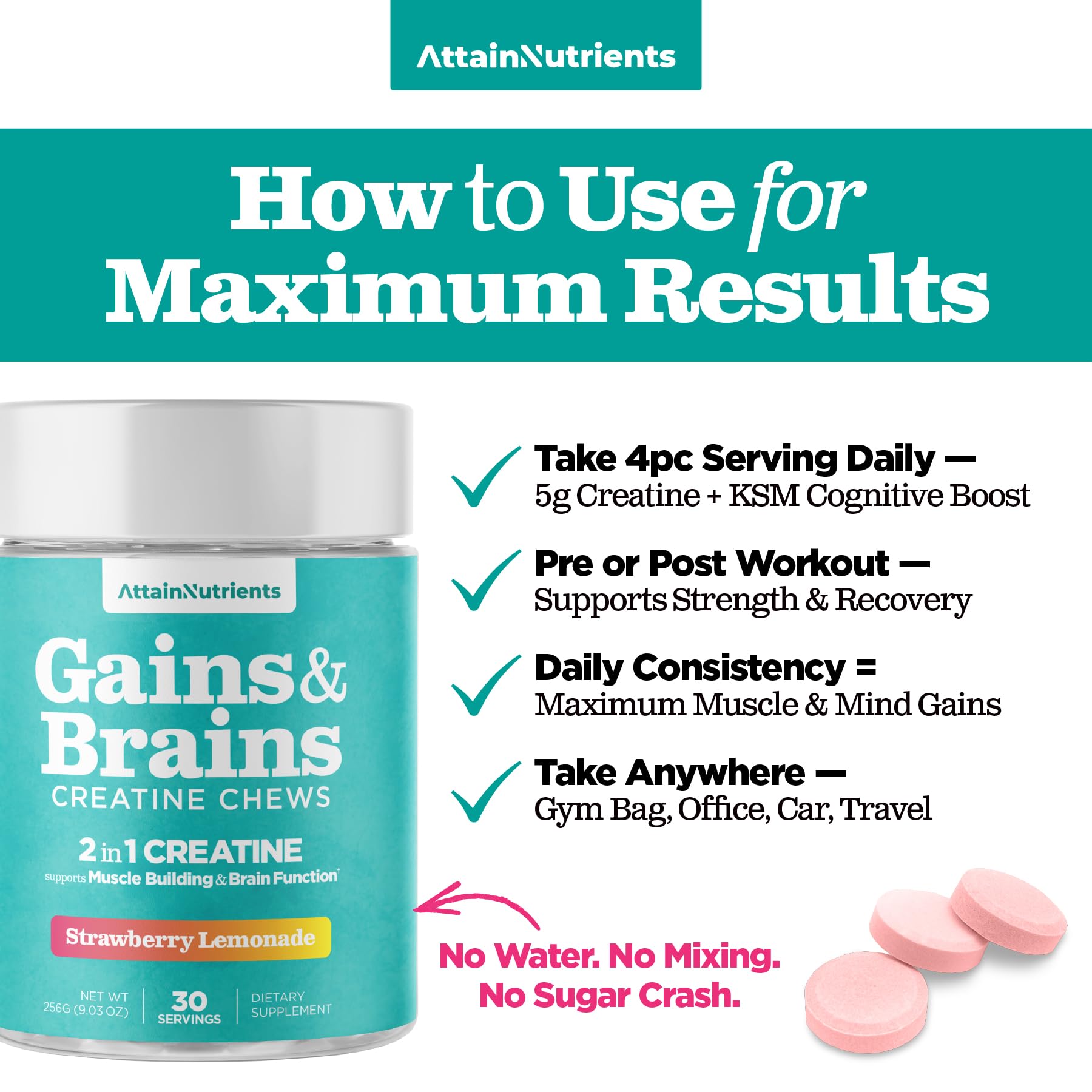 Creatine Chews - 5000mg Creatine Monohydrate Tablets for Men & Women with Ashwagandha KSM-66 - Low Sugar Muscle Support & Cognitive Boost - Gummy Alternative - 120 Count (Strawberry Lemonade) - Maple Wellness Supplements