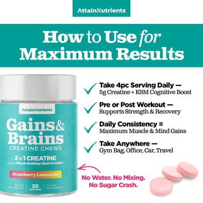 Creatine Chews - 5000mg Creatine Monohydrate Tablets for Men & Women with Ashwagandha KSM-66 - Low Sugar Muscle Support & Cognitive Boost - Gummy Alternative - 120 Count (Strawberry Lemonade) - Maple Wellness Supplements