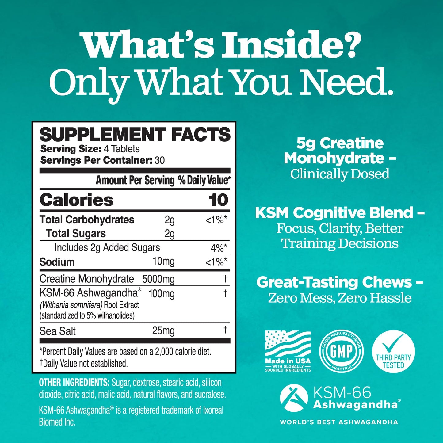 Creatine Chews - 5000mg Creatine Monohydrate Tablets for Men & Women with Ashwagandha KSM-66 - Low Sugar Muscle Support & Cognitive Boost - Gummy Alternative - 120 Count (Strawberry Lemonade) - Maple Wellness Supplements