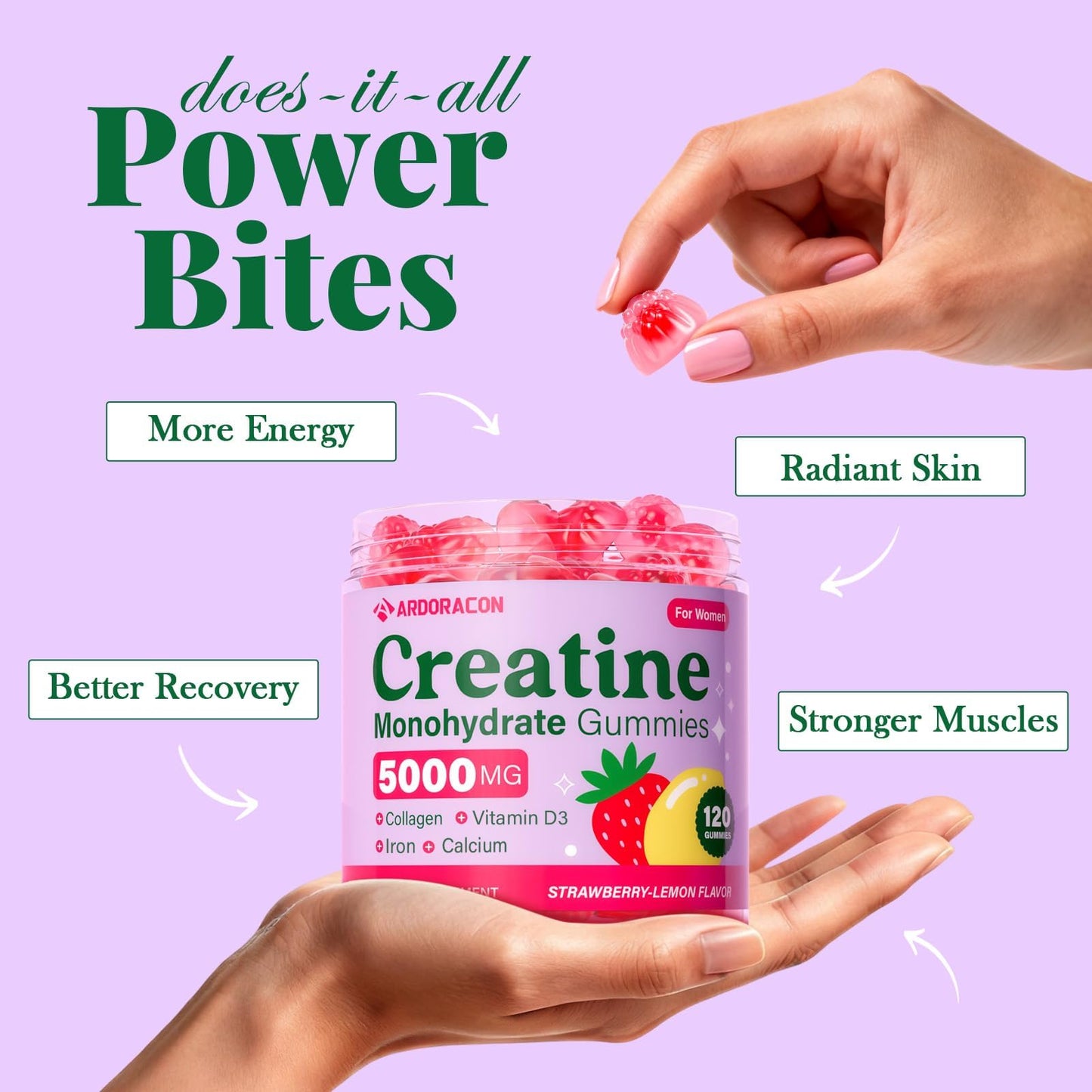 Creatine for Women, Creatine Monohydrate Gummies with Collagen, Vitamin D3 & Calcium for Muscles, Booty & Energy, Flavored Sugar Free Creatine Gummies Post - Maple Wellness Supplements