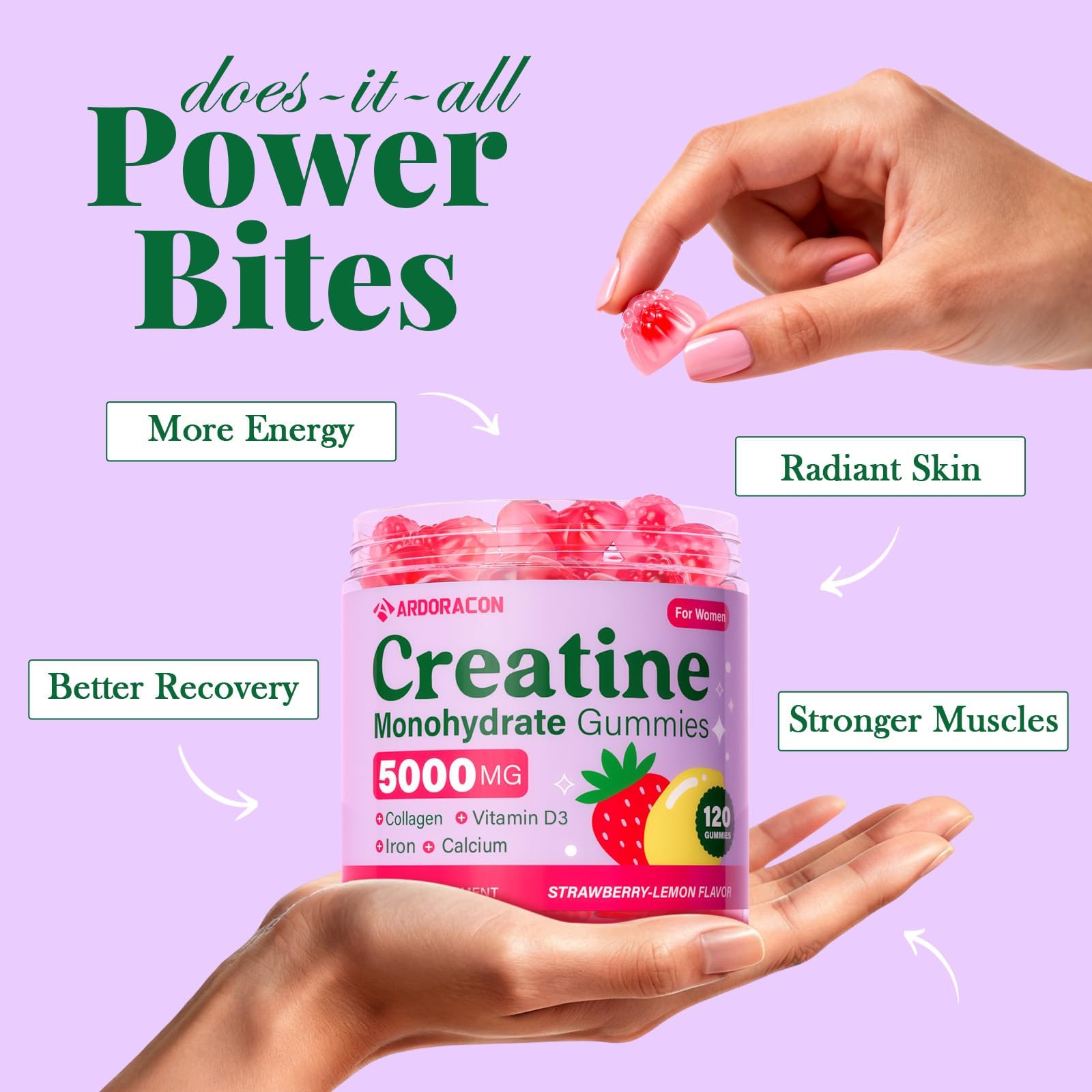 Creatine for Women, Creatine Monohydrate Gummies with Collagen, Vitamin D3 & Calcium for Muscles, Booty & Energy, Flavored Sugar Free Creatine Gummies Post - Maple Wellness Supplements